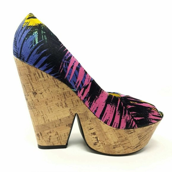Ribbon Multicolour Chunky Platform Block Heels Shoes UK 5 EU 38 Peep Toe - Picture 6 of 8